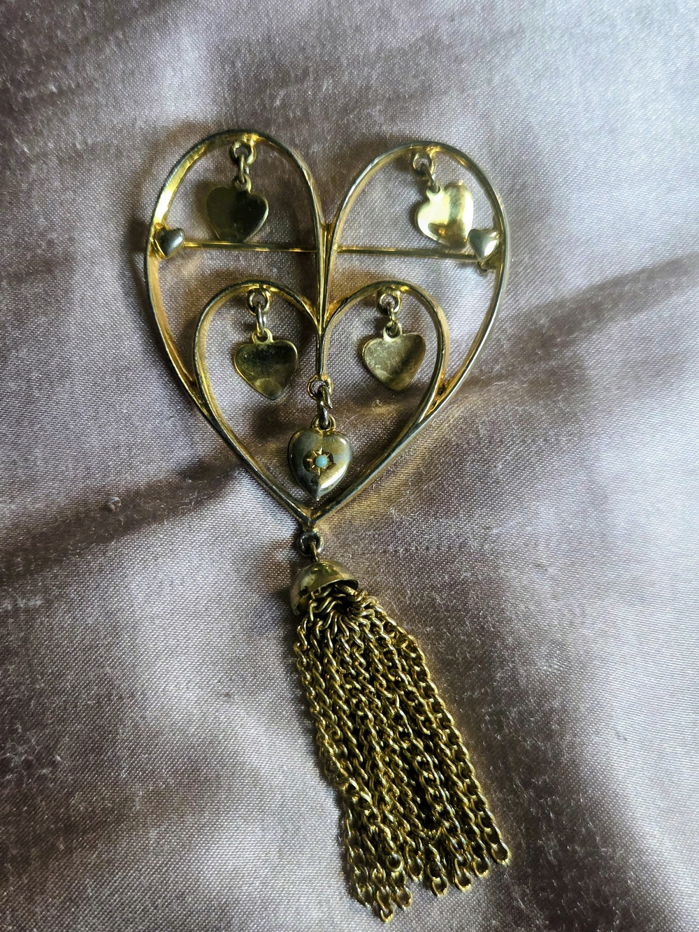 Vintage ART Gold Tone Heart Brooch With Dangling Hearts And Chain Tassel